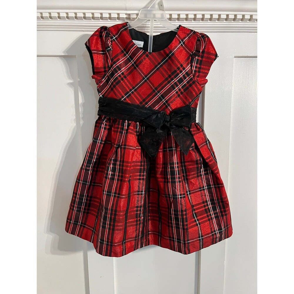 Bonnie Jean Girls Size 6 Christmas Red Black Metallic Plaid Holiday Dress Bow